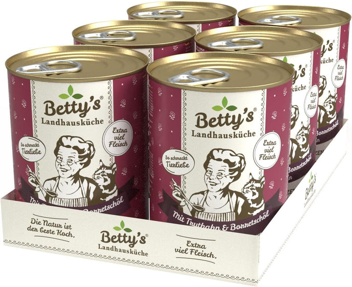 Betty'S Landhausküche cutie de hrană umedă pentru pisici, Fără cereale, Cea mai bună calitate, Carne de înaltă calitate, Gently cooked, Potrivit pentru toate rasele de pisici, Pui și fazan cu ulei de borangic 6 X 200 G