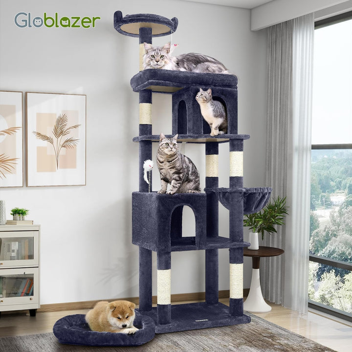 Ansamblu de pisici pentru Maine Coon, ansamblu de 183 cm înălțime, cu căsuță mare, platforme, stinghii, coș, pat pentru pisici, grajd, ansamble pentru pisici adulte de talie mare, peste 5 kg (S72, gri fumuriu)