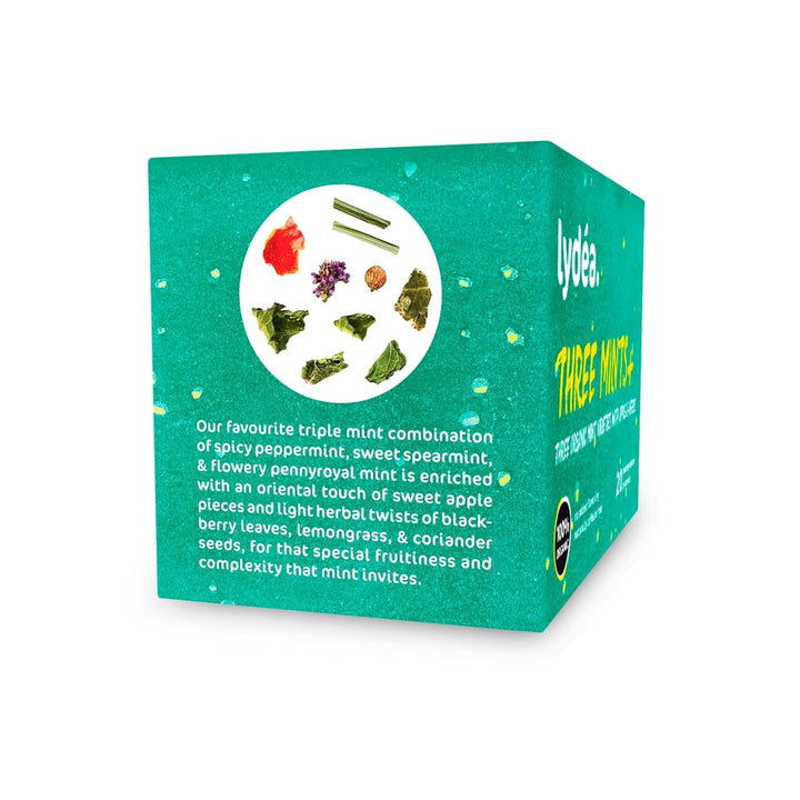 Lydea Three Mints+, ceai organic din plante cu trei sortimente de mentă, mere și plante, 60 piramide, pachet de 3 [3 x 20 piramide]