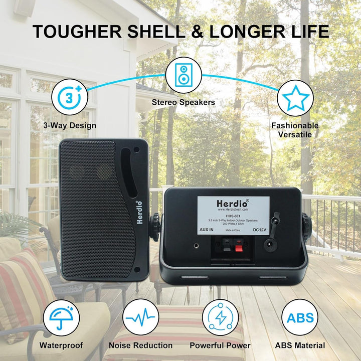 Herdio 3,5 Zoll Bluetooth Outdoor Lautsprecher Marine Lautsprecher 3 Wege 200W Wasserdicht Weatherproof Für Outdoor Indoor Patio Garten Deck Camper Boot Terrasse Restaurant (1 Paar, Schwarz)