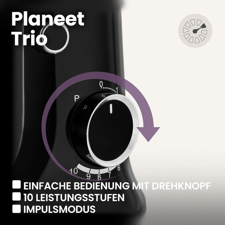 ZEEGMA PLANEET TRIO Planetenroboter, 1500 W, Multifunktionale Küchenmaschine Mit 3 Schüsseln 4 L, 4,5 L Und 5,2 L, 10 Betriebsgeschwindigkeiten, Mixer Mit Haken, Schneebesen (Schwarz)