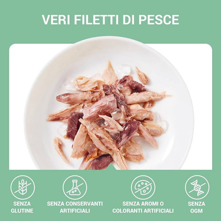 , File de ton în jeleu, Hrană umedă complementară pentru pisici, Rețetă originală, 100% naturală, 12 pungi a câte 70 g