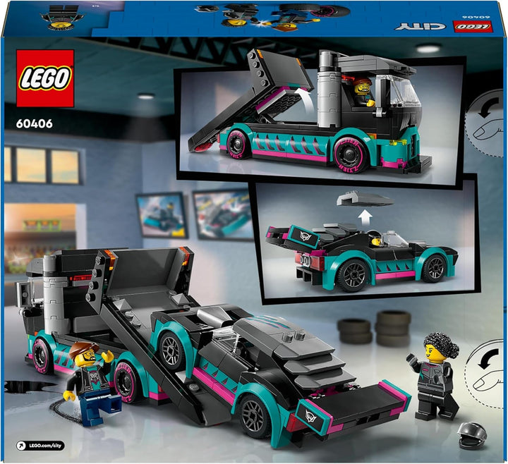 LEGO City Car Transporter cu mașină de curse, camion jucărie cu rampă de încărcare reglabilă și mașină de curse, set de construcție cu 2 minifigurine, șofer de curse și șofer de camion, copii de peste 6 ani 60406