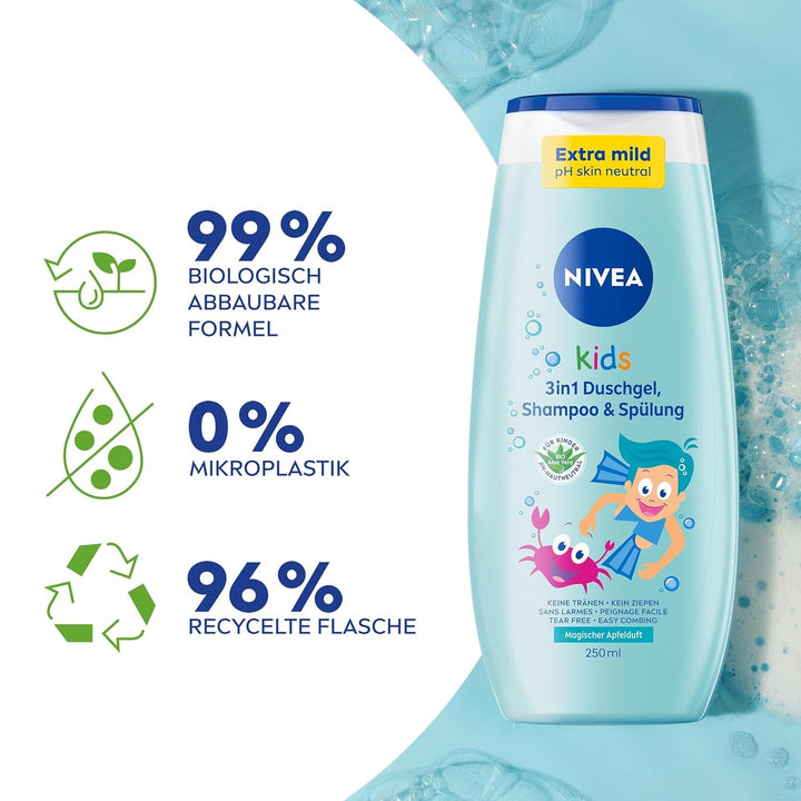 Gel de duș, șampon și balsam NIVEA KIDS 3in1, îngrijire și curățare pentru copii cu un parfum magic de mere, extra blând, îngrijire fără săpun pentru păr și piele pentru copii (250 ml)