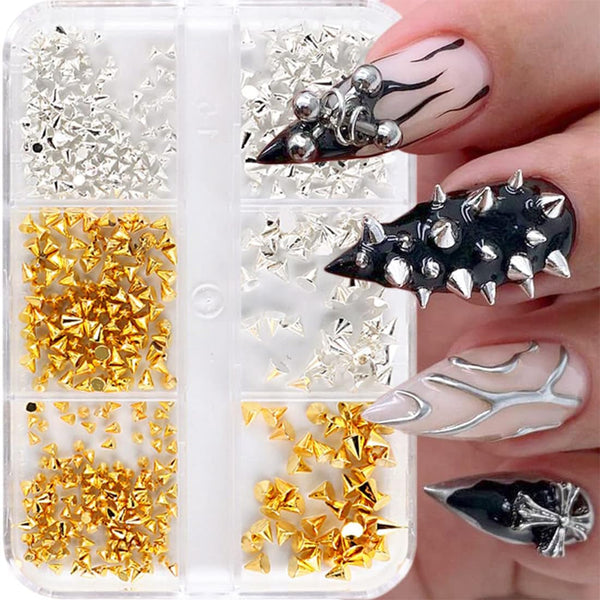 Mini Metall Nieten Punk Nail Charms Gold Silber Strasssteine Nägel Charm Kegel Spikes Nagelschmuck Glitzersteine Nail Art Studs Nagel Steine Legierung Nagelanhänger Rhinestones Nageldesign Zubehör
