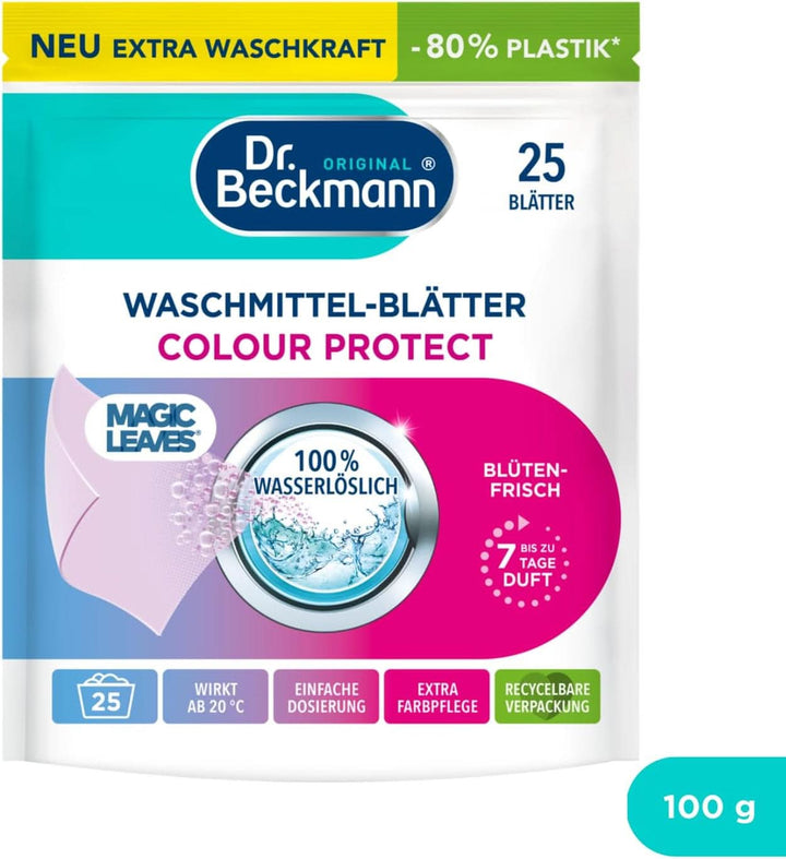 Foi de detergent Dr Beckmann MAGIC LEAVES COLOR | Foi de spălat predozate și solubile în apă | Economisitoare de spațiu și ușor de utilizat | 25 de foi