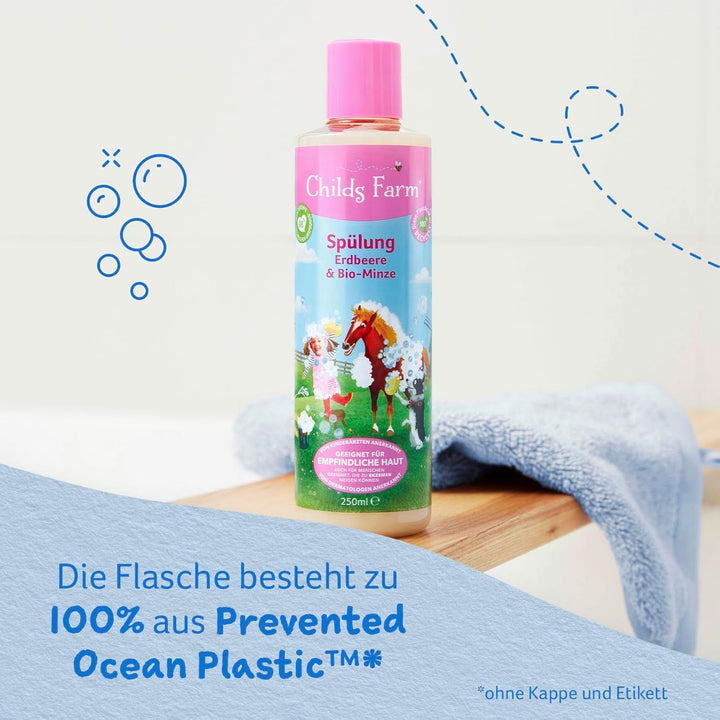 Balsam Childs Farm pentru copii 250 ml | Căpșuni și mentă organică | Toate tipurile de păr | Hrănește și hrănește | Potrivit pentru pielea uscată, sensibilă și predispusă la neurodermatită