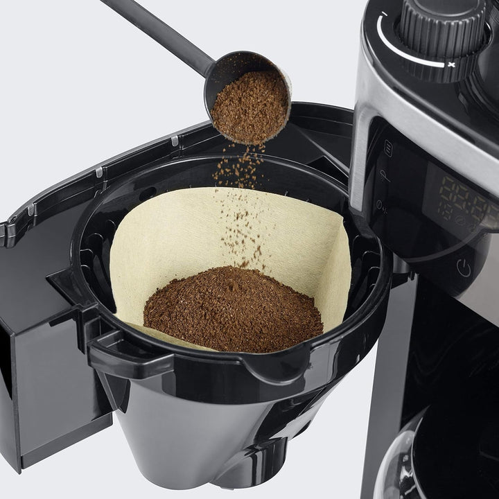 Espressor SEVERIN cu râșniță, espressor cu carafă de sticlă și funcție de cronometru, disponibil și ca espressor la filtru, pentru până la 10 cești de cafea, 1000 wați, negru/oțel inoxidabil, KA 4813