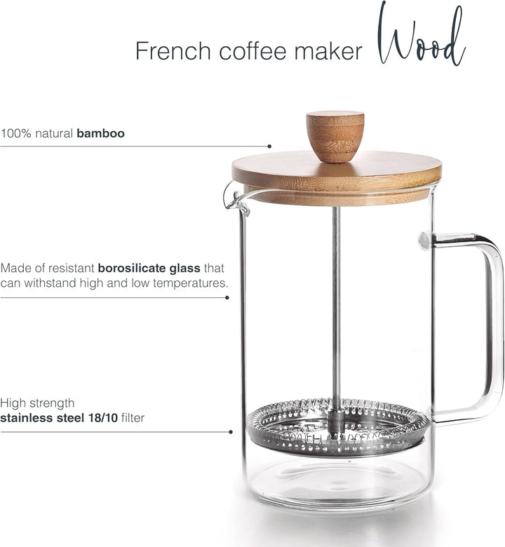 - 62161 - Cafetieră franceză din lemn, Cafetieră cu presă franceză, Filtru din oțel inoxidabil, 8 cești, Oțel inoxidabil și lemn de bambus, 1L