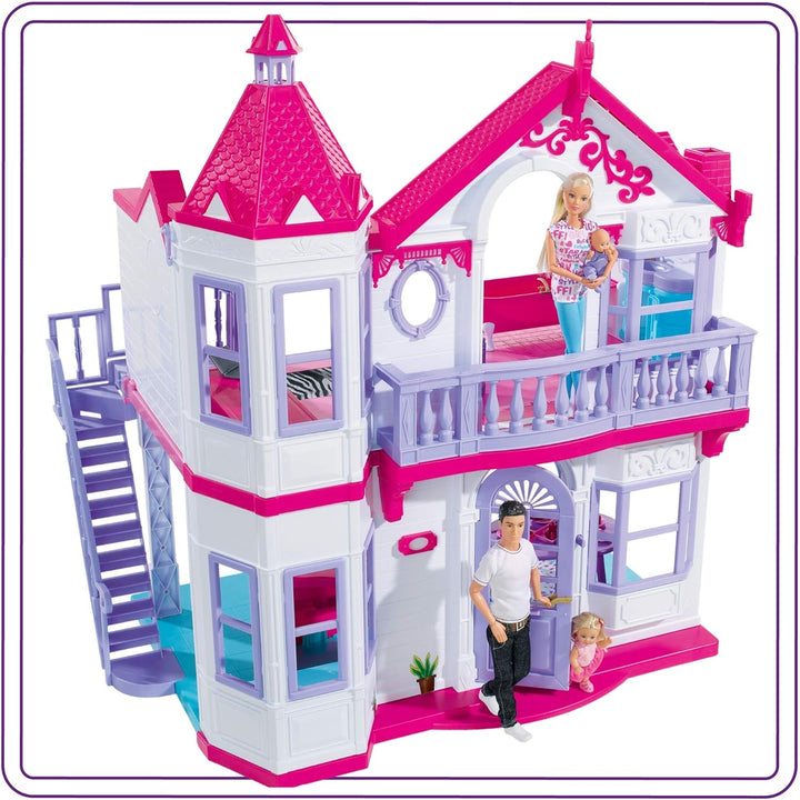 Simba 104661996 - Steffi Love Dreamhouse, Casă de joacă mare, 4 camere, FĂRĂ PUPPETS, 84cm înălțime, Două etaje, Clopoțel funcțional, Pliabil