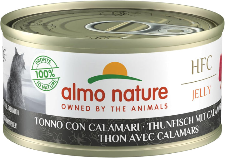 Almo Nature HFC Jelly - hrană umedă pentru pisici adulte - ton și calamar - de calitate umană, fără gluten - 6 X 70G