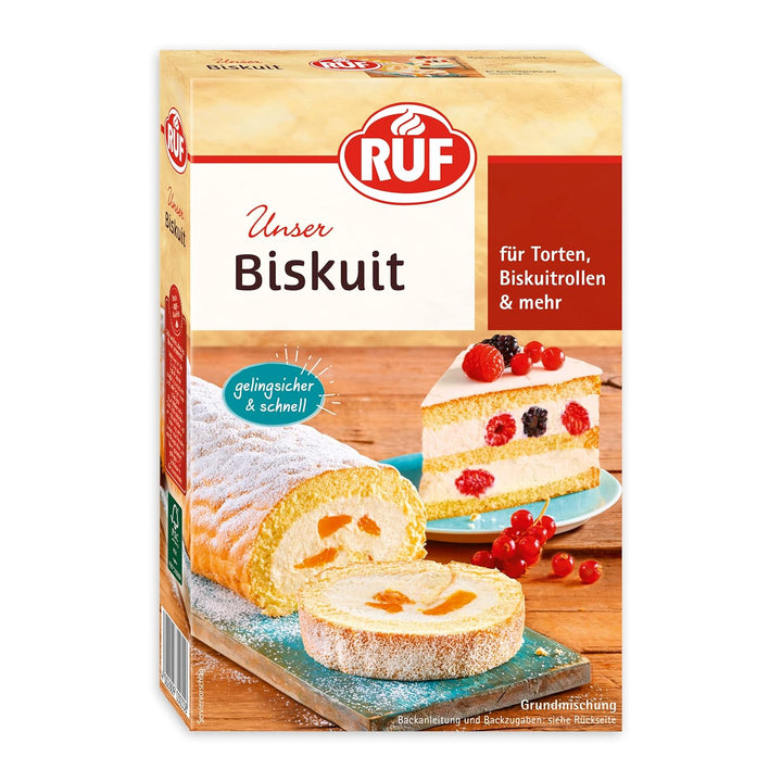 RUF Biskuit Teig, Backmischung Für Einen Saftigen Biskuitteig, Gelingsicher Und Schnell Zubereitet, Zur Herstellung Von Biskuitrollen, Biskuitkuchen Oder Tortenboden, 1 X 250G