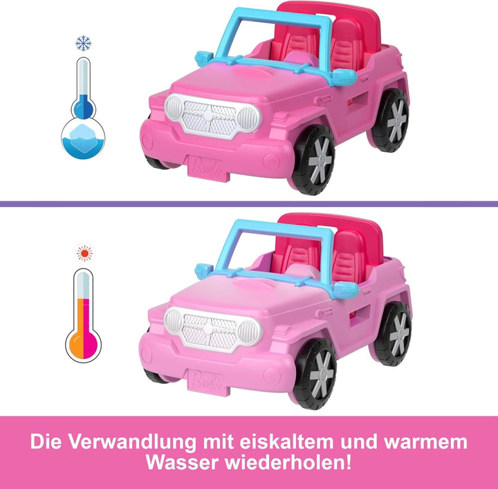 Barbie Mini Barbieland set de păpuși și vehicule de jucărie, păpușă de 1,5 inci și vehicul de jucărie iconic cu surpriză care își schimbă culoarea, HYF43