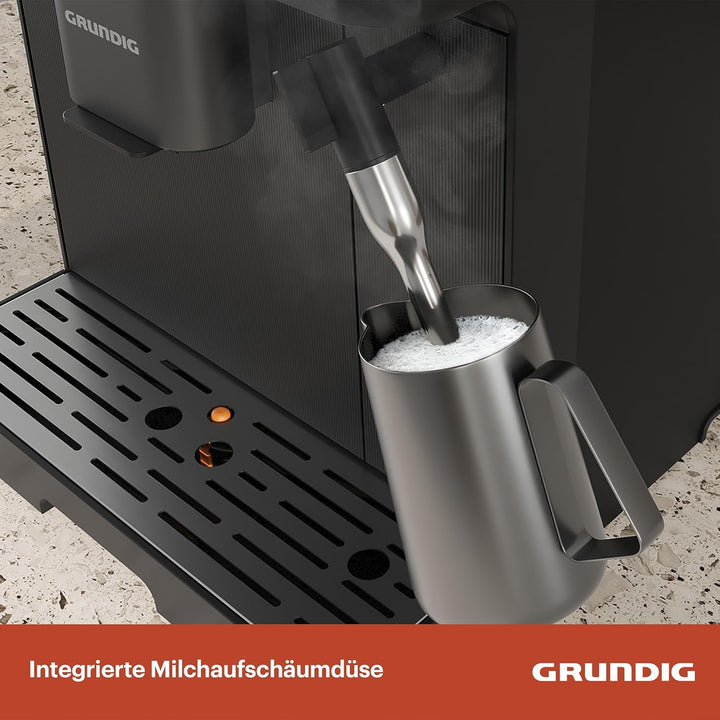 Espressor GRUNDIG KVA 6230 complet automat cu spumator de lapte, râșniță din oțel inoxidabil cu 13 niveluri de măcinare, recipient boabe de 250 g, rezervor de apă detașabil de 2 litri, presiune pompă 19 bar, ecran tactil, negru