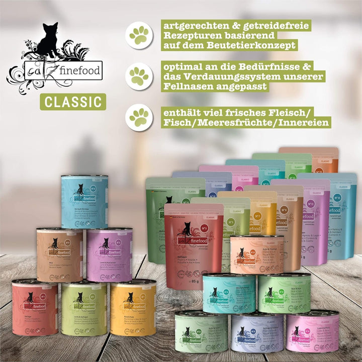 Hrană umedă pentru pisici Catz Finefood Classic N° 5 Salmon & Păsări - Hrană umedă gourmet pentru pisica dvs. fără zahăr și cereale, fără gluten - cu conținut ridicat de carne, fabricată în Germania (6 pungi de 300G)
