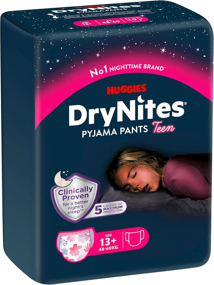 Huggies Drynites Nachtwindeln Bei Bettnässen, Für Mädchen Ab 13 Bis Ca. 17 Jahre (48-60 KG), 27 Stück (3X9), Monatspack, Windel-Pants