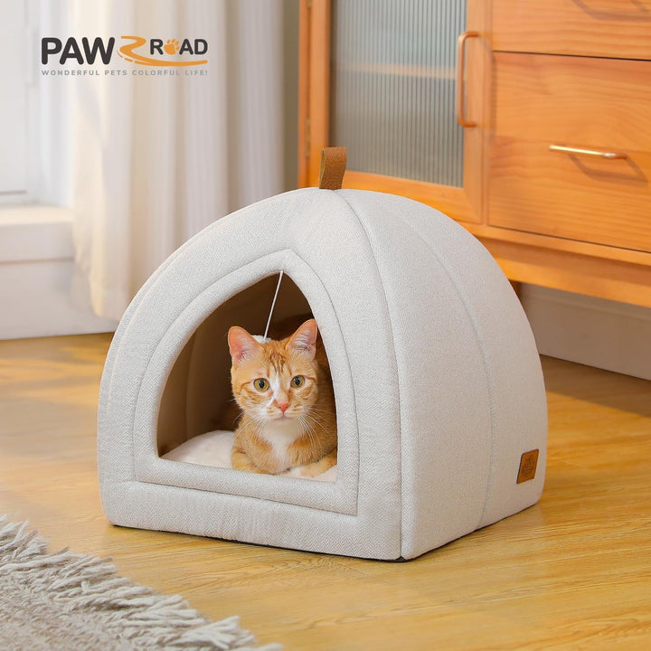 Peșteră pentru pisici PAWZ Road cu pernă lavabilă, pat pentru câini mici, căsuță pentru animale mici, loc de dormit pentru pisici, căsuță de interior pentru pisici, bej, 40 x 40 x 40 cm