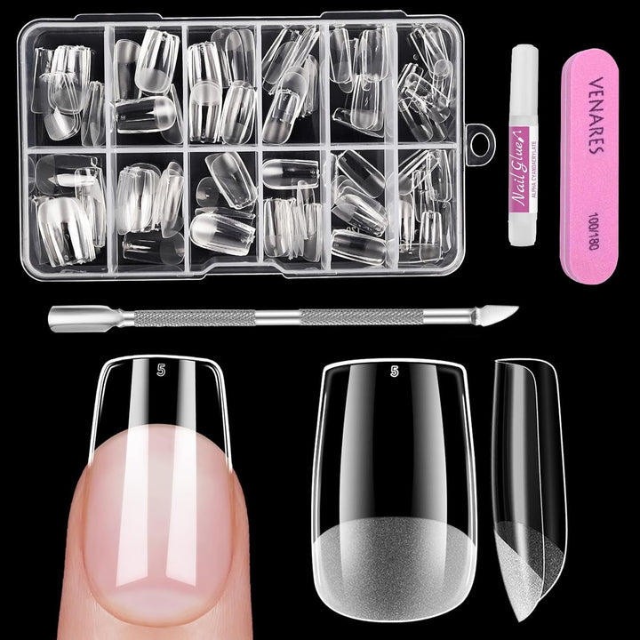 Unghii scurte cu acoperire completă, 120 de bucăți, 12 dimensiuni, vârfuri de unghii scurte pentru unghii cu gel, unghii artificiale pentru lipire, set de unghii cu pile de lipit, lustruitor de unghii, împingător de cuticule