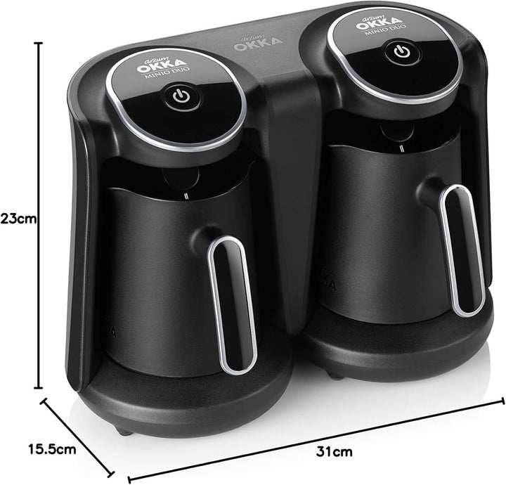 Cafetieră turcească Arzum Okka Minio Duo OK006-K, capacitate 1-8 cești, cafetieră lavabilă, sistem de alarmă acustică, design compact, putere 880 W, negru/crom