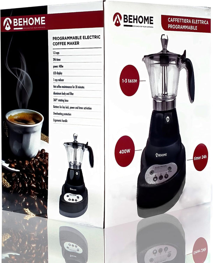 Cafetieră electrică italiană cu 3 căni, cafetieră electrică programabilă Mocha cu temporizator, oprire automată, cafea fierbinte timp de 30 de minute, aluminiu negru (cu temporizator)