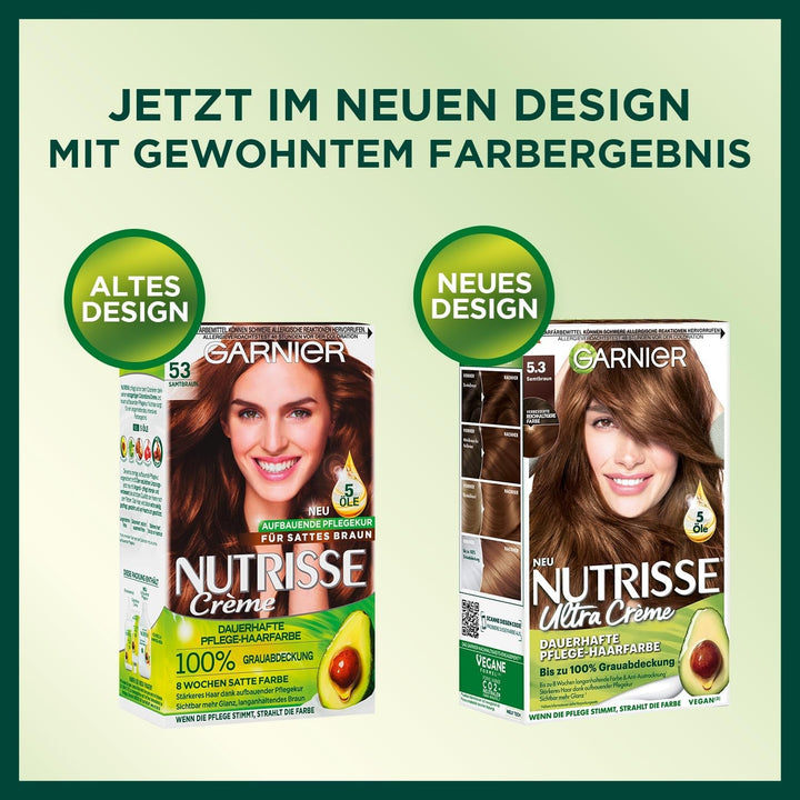 Garnier Nutrisse Permanent Care Hair Colour cu uleiuri hrănitoare din fructe, colorare cu fixare de 8 săptămâni, Ultra Crème Tint, 053 Velvet Brown (pachet de 3) Vopsea pentru par Naty Shop
