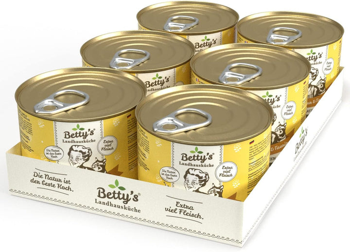 Betty'S Landhausküche cutie de hrană umedă pentru pisici, Fără cereale, Cea mai bună calitate, Carne de înaltă calitate, Gently cooked, Potrivit pentru toate rasele de pisici, Pui și fazan cu ulei de borangic 6 X 200 G