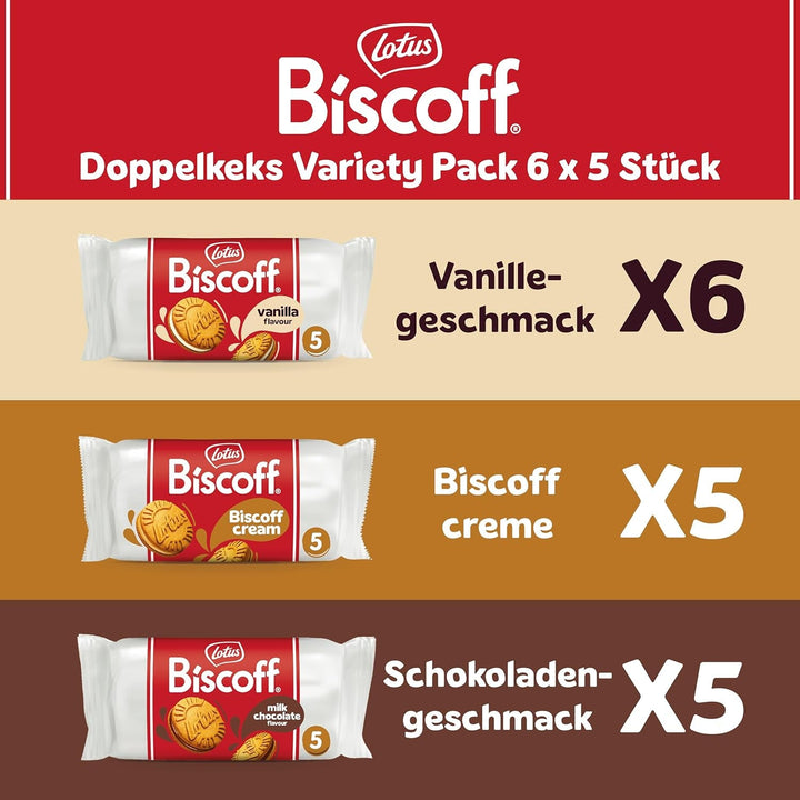 Lotus Biscoff | Pachet Variat de Biscuiți Dubli | 3 Varietăți: Cremă Biscoff, Vanilie și Aromă de Ciocolată | 5 Biscuiți Dubli per Pachet | Ingrediente de Origine Naturală | Fără Coloranți | 16 x 50g | 800g