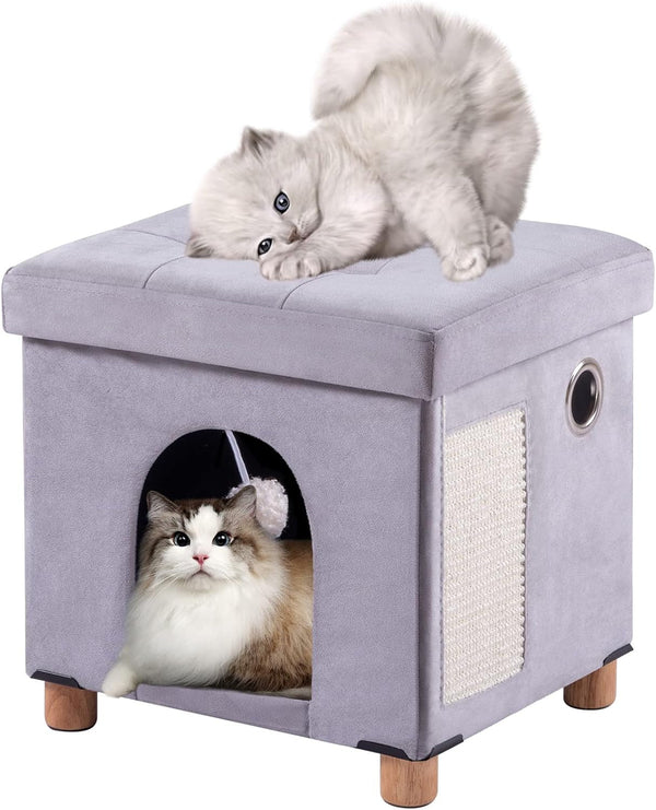 BRIAN & DANY Peșteră pliabilă pentru pisici mari, Casă pentru pisici cu zgârietură și minge de joacă, Taburet tip piept cu picioare din lemn 37 x 31,8 x 36 cm, Gri
