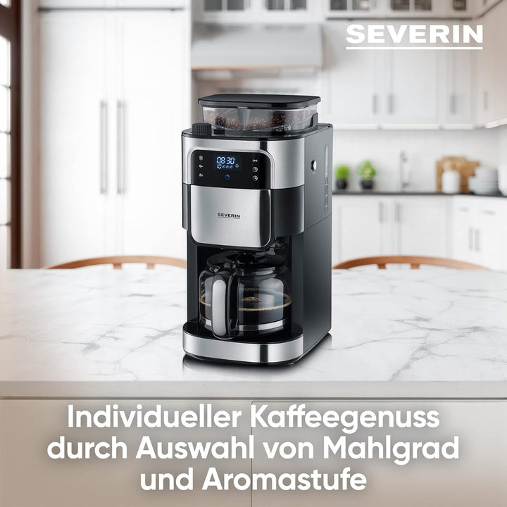 Espressor SEVERIN cu râșniță, espressor cu carafă de sticlă și funcție de cronometru, disponibil și ca espressor la filtru, pentru până la 10 cești de cafea, 1000 wați, negru/oțel inoxidabil, KA 4813