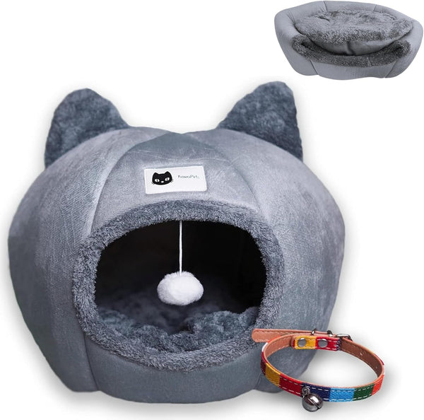 Kawaipets - Pat pentru pisici - Peșteră pentru pisici cu pernă interioară lavabilă și minge de jucărie - Pat pufos pentru pisici - Casă pentru pisici cu zgardă colorată cadou