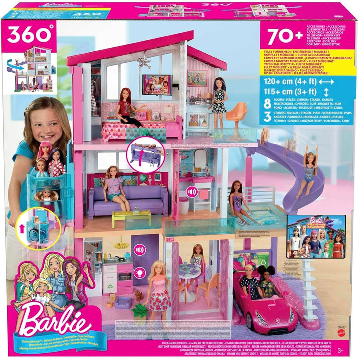 Barbie Dollhouse, Dream Villa Doll, complet mobilată, 3 etaje, 8 camere inclusiv piscină, tobogan și lift, 70 de accesorii, jucării de la 3 ani, GNH53