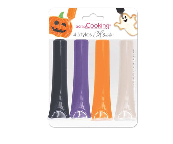 Scrapcooking - Set de 4 stilouri de ciocolată de Halloween - negru, portocaliu, violet și alb, scrieți și desenați pe deserturi, prăjituri și biscuiți