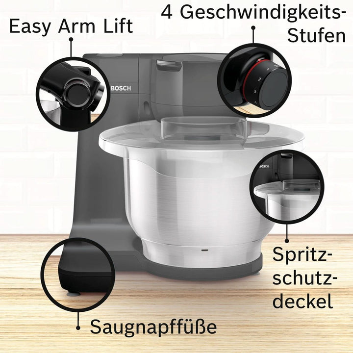 Bosch Küchenmaschine Serie 2 MUMS2EB01, Edelstahl-Schüssel 3,8 L, Planetenrührwerk, Knethaken, Schlag-, Rührbesen Edelstahl, Durchlaufschnitzler, 3 Scheiben, 700 W, Schwarz