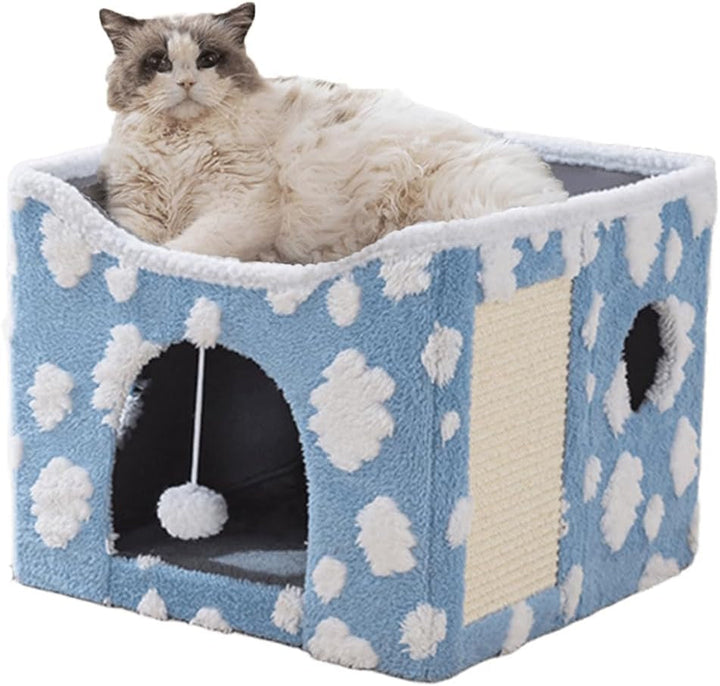 Peșteră pentru pisici, paturi pentru pisici, căsuță pentru pisici, peșteră pliabilă pentru pat de pisică cu scărpinat și minge de joacă, peșteră pliabilă pentru pat de pisică pentru dormit, ascundere, joacă și zgâriat (roz, mediu)