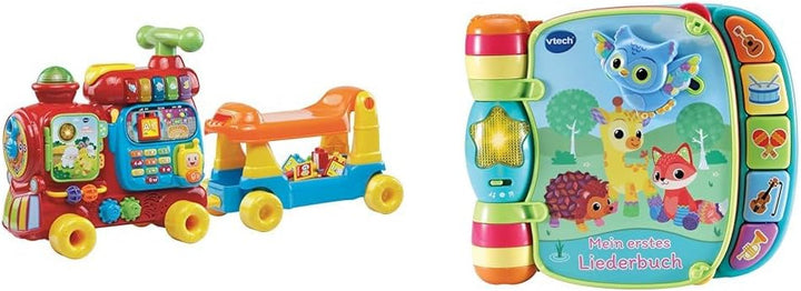 Jucărie de cale ferată VTech ABC, colorată, germană și masă de joacă pentru copii - masă de joacă colorată pentru copii cu 6 terenuri de joc și elemente interactive Jucarii Bebe Naty Shop Pachet cu carte de cântece Ambalare fără frustrări