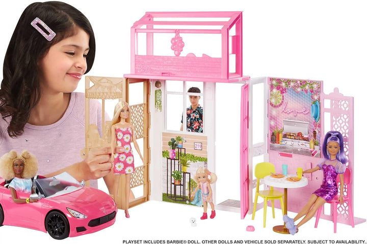 Casă de păpuși Barbie (70.6 X 51.4 Cm) cu 4 zone de joacă, accesorii și mobilier complet mobilate, rotativă 360°, pliabilă, păpușă, cadou pentru copii de la 3 ani, HHY40