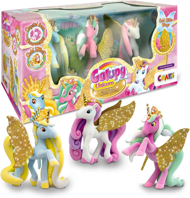 Galupy Unicorn - Pachet de 3 figurine unicorn, jucării unicorn de colecționat, figurine ponei cu aripi strălucitoare și cristal Swarovski