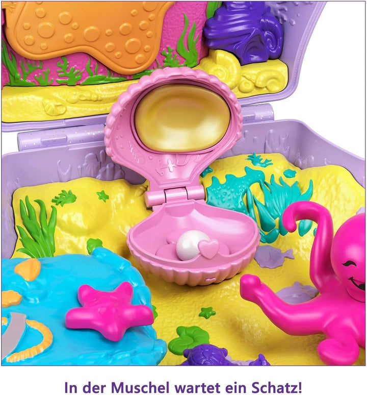 Sicriu Polly Pocket, sac de cochilie pentru înfășurat în jurul temei subacvatice, cu 2 păpuși și 1 submarin, jucărie sirenă Polly Pocket, jucărie de la 4 ani, GNH11