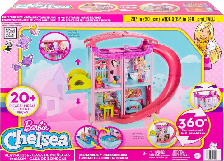 Barbie Chelsea Playhouse - 3 etaje cu funcție de transformare, zone de joacă secrete, lift, piscină, tobogan, 2 animale de companie și mai mult de 20 de accesorii, pentru copii cu vârsta de peste 3 ani, HHX44