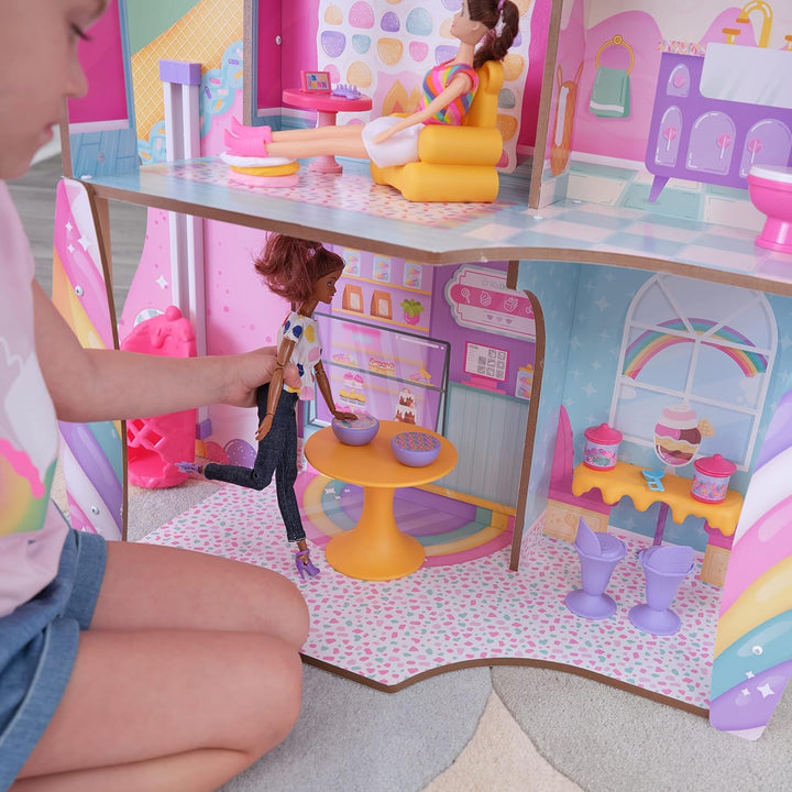 Casă de păpuși din lemn Kidkraft Candy Castle cu mobilier și accesorii, casă cu figurină Llama Unicorn, lift pentru tort de înghețată și scaun de cauciuc pentru păpuși, jucărie pentru copii de la 3 ani, 20242