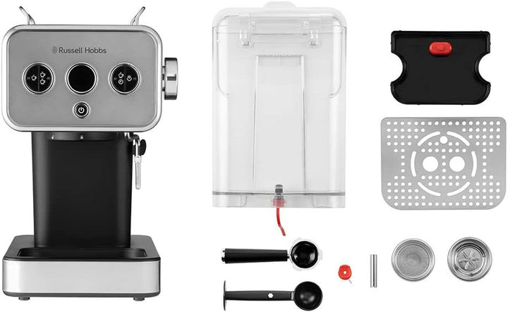 Espressor Russell Hobbs [Portafiltru] Distinction Oțel Inoxidabil Titan (15 bar, inserție pentru 1 și 2 căni, tampoane ESE, dozare automată și opțiune manuală, duză de abur pentru apă fierbinte și spumă de lapte) 26452-56