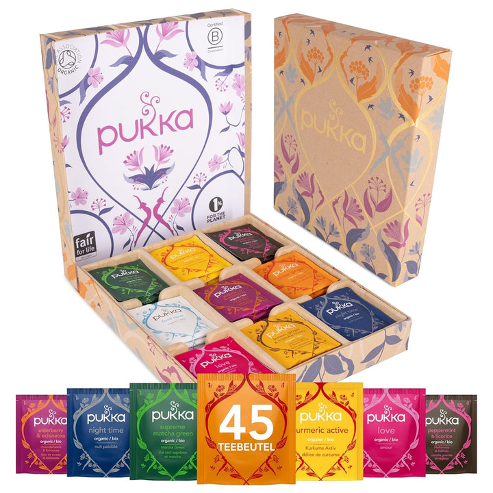 Set cadou ceai Pukka, ceai din plante bio, cutie de ceai, set de ceai durabil, ideal pentru orice ocazie, idee de cadou, 9 variante, 45 pliculețe de ceai