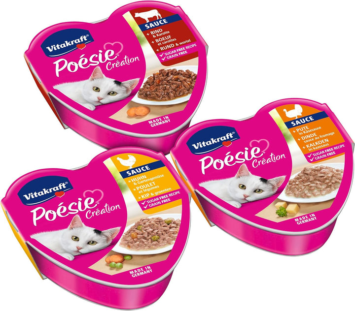Vitakraft Poésie Création, Tender Selection, hrană umedă pentru pisici, hrană umedă pentru pisici în sos, cu pui, cu curcan, cu vită, fără adaos de zahăr și cereale (1 pachet de 6X 85G)
