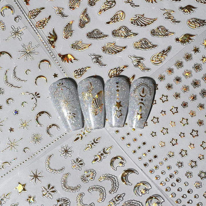 8 coli de autocolante pentru unghii cu stele și lună aurie, aripi de înger, autocolante pentru unghii bronzante, aurii, stele, folie de unghii, autocolante autoadezive pentru unghii, accesorii pentru design unghii, autocolante pentru unghii