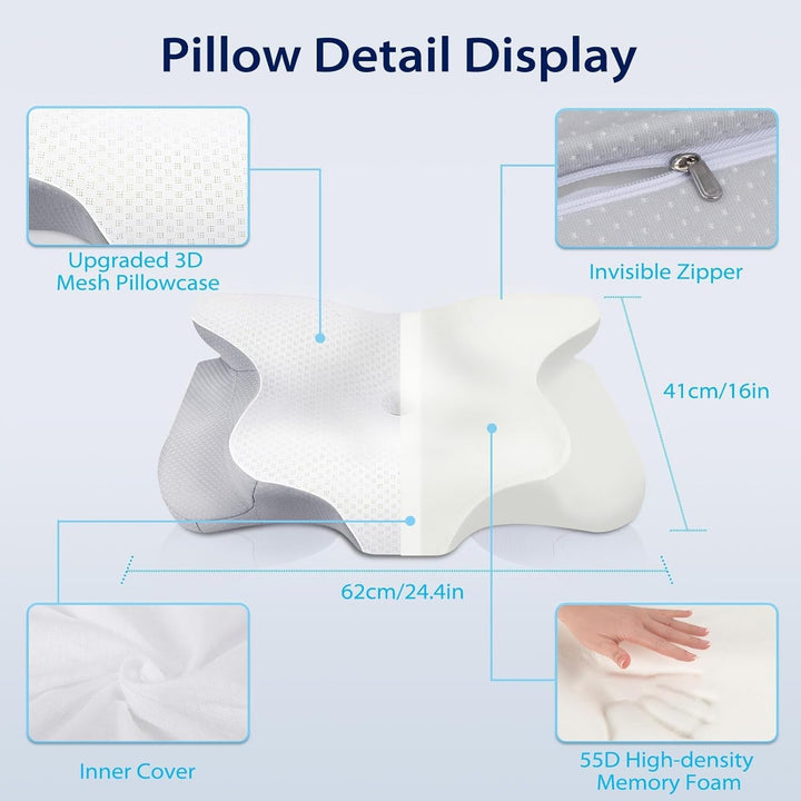 HOMCA Neck Pillow Pillow, Memory Foam Ergonomic Pillow 3D Cooling Pillow Cover For Supine, Side or Prone Position, 62 X 41 X 9.5/12.5 Cm
