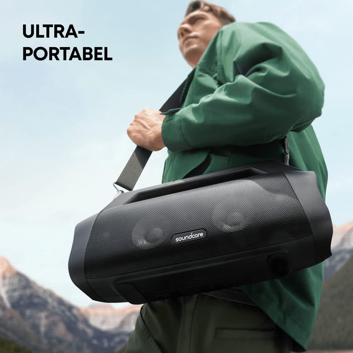 Soundcore Anker Motion Boom plus Difuzor de exterior IP67, sunet stereo 80W, EQ individual și bassup, USB-C, Bluetooth, power bank integrat, rezistent la apă, pentru camping, piscină, plajă, grădină