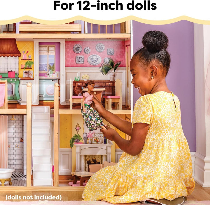 Casă de păpuși din lemn Kidkraft Charlotte cu mobilier și accesorii, casă de păpuși în stil clasic pentru păpuși de 30 cm, jucărie pentru copii de la 3 ani, 65956