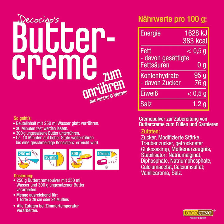 DECOCINO Buttercream Ready Mix (Set de 3 - 3 x 250 grame), pentru glazură, umplere și ornare, ideal pentru prăjituri, creme și torturi 