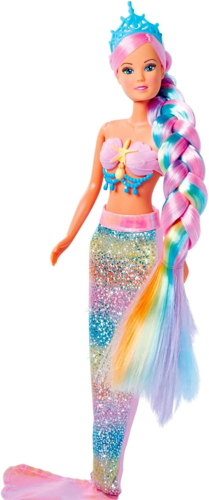 Simba 105733610 - Steffi Love Rainbow Mermaid, păpușă de îmbrăcat ca o sirenă curcubeu cu păr colorat, agrafe de păr, pieptene și aripioară detașabilă, păpușă de joacă 29cm, vârsta 3+
