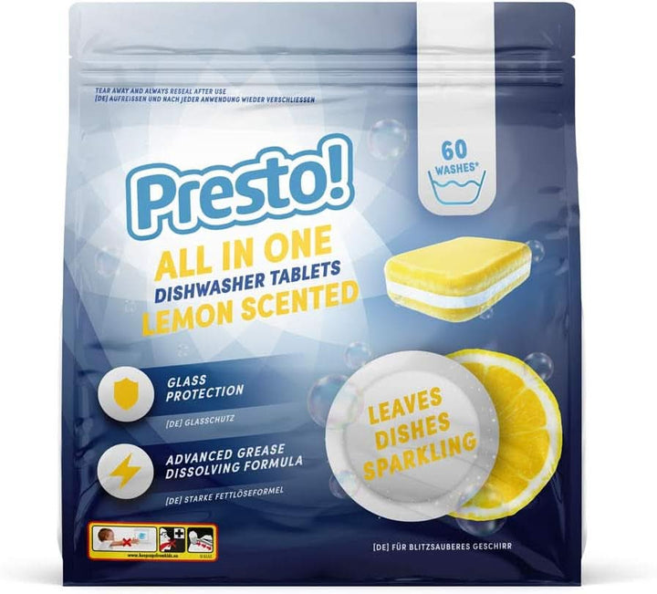 Presto! All in One Lemon tabletă pentru mașina de spălat vase, parfum de lămâie, 120 de spălări (2 pachete a câte 60)